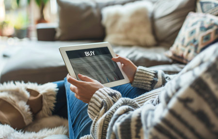 A person sitting comfortably on a couch, using a tablet device.の素材