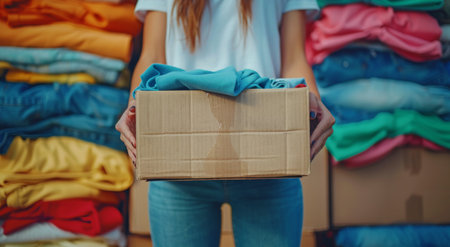 A woman standing in front of a store, holding a cardboard box.の素材