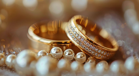 Close-up view of two wedding rings placed among a collection of pearls.の素材