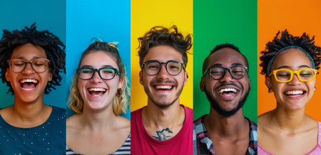 Diverse group of individuals standing together, each wearing glasses in various colors, including red, blue, green, and yellow.の素材