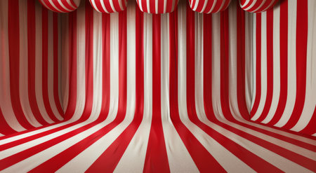 Close-up of a red and white striped fabric curtain with a folded top, reminiscent of a circus tent.の素材