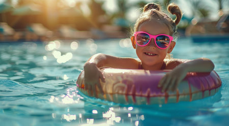 A young girl having fun in a swimming pool while wearing sunglasses on a sunny day.の素材