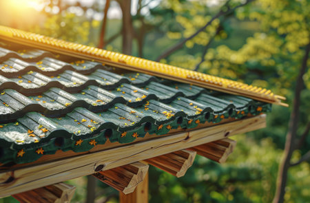 Detailed view of a roof on a residential building, showing shingles, gutters, and chimneys.の素材