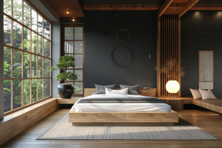 A bedroom featuring a neatly made bed with a stylish rug on the floor.の素材