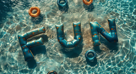 Inflatable letters spelling out FUN are floating in a blue swimming pool on a bright sunny day. The letters are blue and orange and are surrounded by other inflatable pool toys.の素材