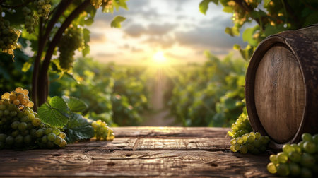 A barrel is placed on top of a wooden table in a simple setting.の素材