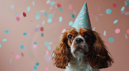 A Cavalier King Charles Spaniel wearing a party hat and looking directly at the camera. Confetti falls in the background.の素材