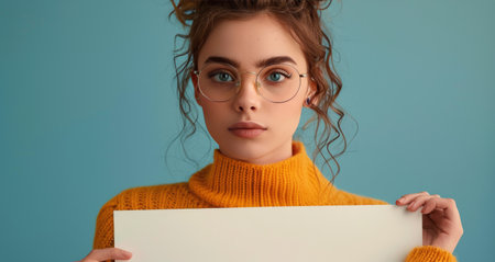 A woman standing and holding a white sheet of paper in her hands.の素材