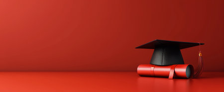 A black graduation cap rests on top of a red diploma scroll on a red background.の素材