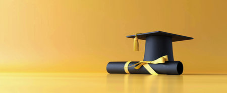 A black graduation cap sits on a yellow background with a rolled up yellow diploma in front of it.の素材