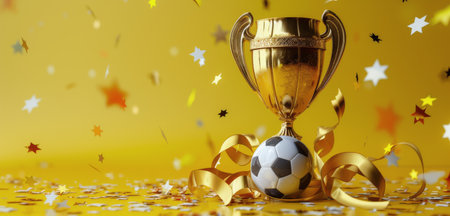 A gold trophy sits atop a yellow background, with a soccer ball nestled inside the cup and confetti falling around it.の素材