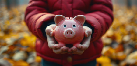 A child holds a pink piggy bank in their hands. The background is blurry and consists of autumn leaves.の素材