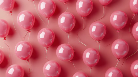 A cluster of pink balloons floats against a light pink background.の素材