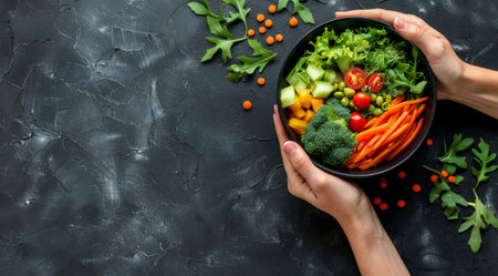 A person holding a bowl filled with a colorful salad. The bowl is brimming with fresh vegetables and leafy greens.の素材