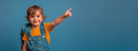 A young boy with a backpack on is pointing towards an empty space with a happy expression on his face.の素材