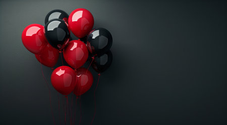An overhead shot of red and black balloons against a textured gray background.の素材
