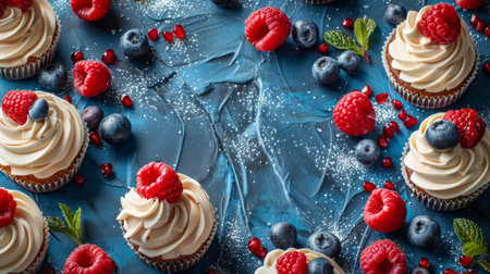 A close-up of freshly baked cupcakes topped with whipped cream and raspberries, surrounded by blueberries, raspberries, and pomegranate seeds on a blue background.の素材