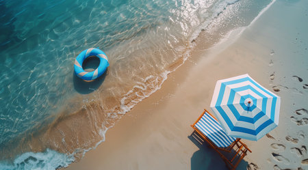 Pair of empty chairs under a beach umbrella on sandy shore.の素材