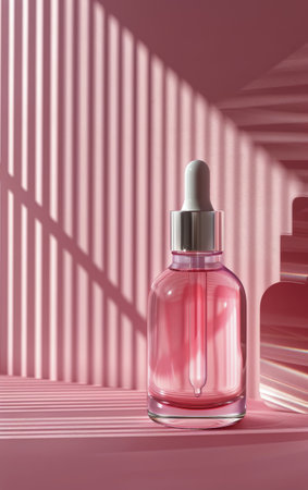 A clear glass bottle of perfume is placed on a wooden window sill, catching the sunlight.の素材