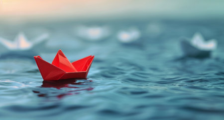 A single red paper boat floats on the surface of ripping water as the sun sets in the background.の素材