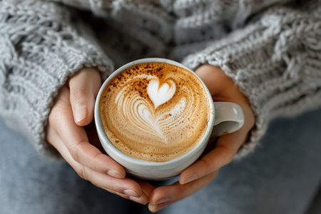 A close-up image of a person holding a cup of latte, the foamed milk art features a leaf design.の素材