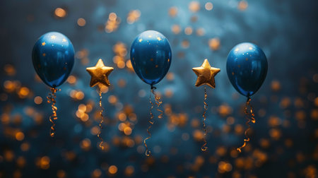 Three blue balloons with gold globe patterns float against a dark blue background with scattered gold stars.の素材