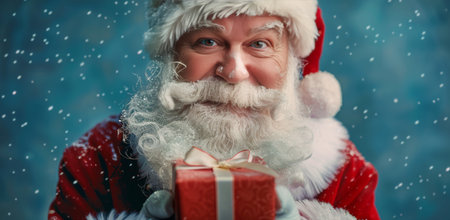 Close-up portrait of Santa Claus wearing a red suit and a white beard, holding a wrapped gift in his hands, with snowflakes falling around him.の素材