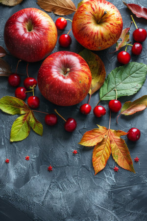 A close-up photo of three red apples and a scattering of red cherries on a gray background with autumn leaves.の素材
