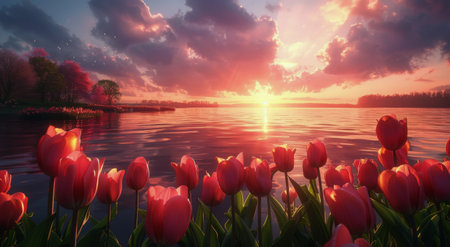 A beautiful sunset over a calm lake, with red tulips blooming in the foreground.の素材