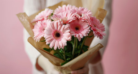 A close-up shot of a bouquet of pink gerbera daisies being held by a person against a light pink background.の素材