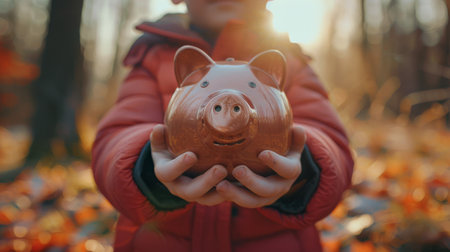 A person holds a pink piggy bank in their hands with a blurred background of yellow foliage.の素材