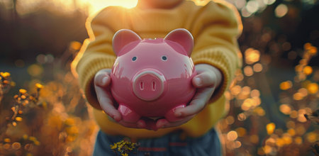 A person holds a pink piggy bank in their hands with a blurred background of yellow foliage.の素材
