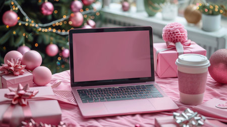 A miniature shopping cart filled with a gift box sits on a laptop keyboard in front of a decorated Christmas tree.の素材