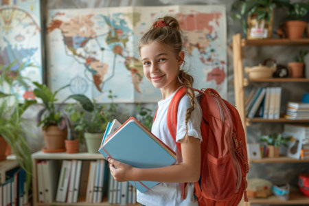 A young girl with a red backpack smiles as she reads a blue book in a classroom setting.の素材