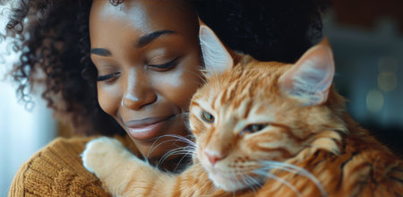 A woman with curly hair is seen from the chest up, gently cradling an orange tabby cat. Both have their eyes closed and look to be enjoying a moment of peace and tranquility.の素材