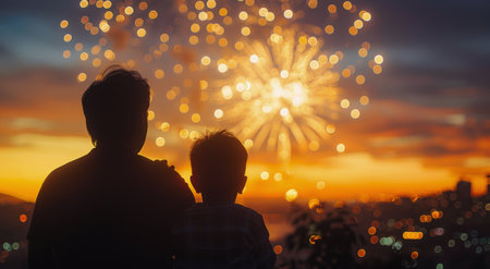 A father and son stand silhouetted against a backdrop of sparkling fireworks exploding over a city at night.の素材