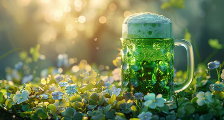 A glass mug filled with green beer rests on a field of clover with blue flowers, with the sun shining through the background.の素材