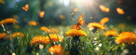 A butterfly flies through a field of yellow dandelions on a sunny day.の素材