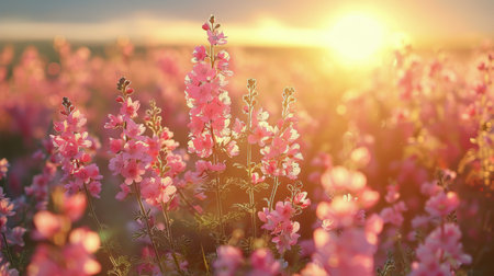 Close-up of pink wildflowers blooming in a field during sunset.の素材
