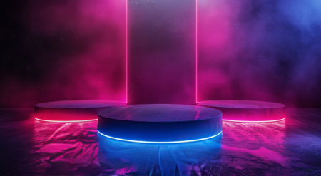 A digitally rendered image showcasing a circular, glowing pink neon arch over a black platform with a blue neon light.の素材