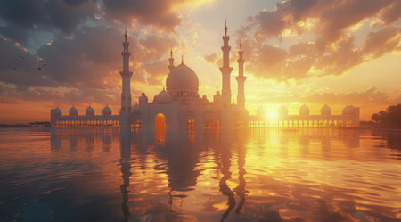 The iconic Grand Mosque in Abu Dhabi, with its intricate details and towering minarets, reflects in the still water as the sun sets over palm trees.の素材