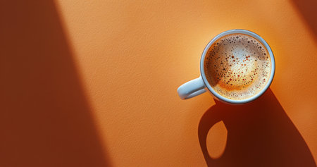 A top-down view of a white cup of coffee with cinnamon sprinkled on the surface, sitting on a bright orange background.の素材