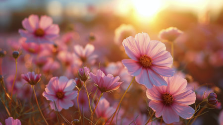 Close-up of pink wildflowers blooming in a field during sunset.の素材