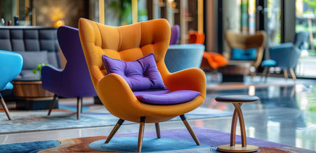 A close-up of a comfortable lounge chair with orange and purple upholstery in a modern lobby.の素材