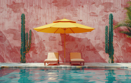 A digital rendering of a futuristic corridor illuminated by neon lights in pink and blue hues.の素材