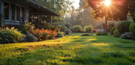A sprinkler sprays water on orange flowers in a lush garden on a sunny day.の素材