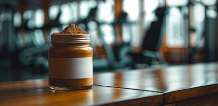 A glass jar of protein powder sits on a wooden surface with a dumbbell in the background.の素材