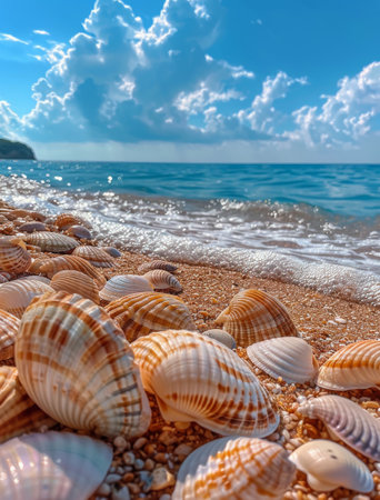 A collection of seashells on a sandy beach with foamy waves in the background. The sky is bright blue with puffy white clouds.の素材