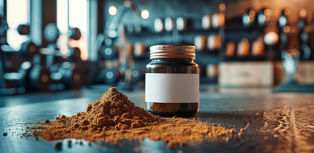 A brown powder spills out of a jar on a countertop, likely in a workshop setting. The jar has a white label with space for text.の素材