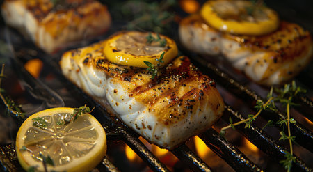 Close-up of grilled fish fillets seasoned with herbs and lemon, cooking on a hot barbecue grill.の素材